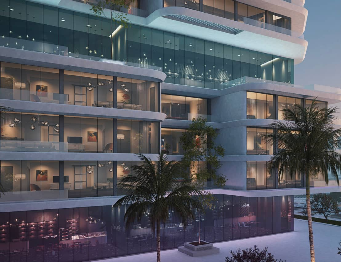 Sunset view of The Artery Residences façade highlighting artistic design and premium waterfront living in Abu Dhabi.